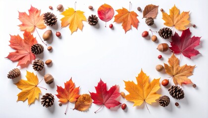 秋 紅葉 落ち葉 松ぼっくり ドングリ 木の実 季節 自然 飾り フレーム 背景 白 暖色 赤 黄色 オレンジ 感謝祭 収穫 散策 晩秋
