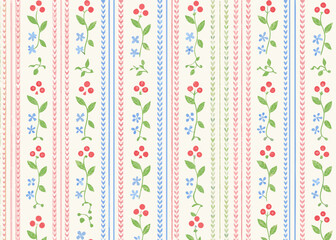 Charming floral stripe pattern with red berries and blue flowers