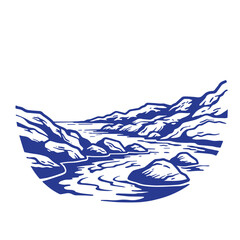 Blue and white artistic illustration of a scenic river valley landscape with mountains