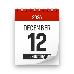 Date 12 December 2026 year realistic calendar day page design. December 12 transparent png