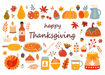 Happy thanksgiving celebration with autumn harvest and festive elements