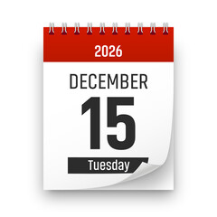Date 15 December 2026 year realistic calendar day page design. December 15 transparent png