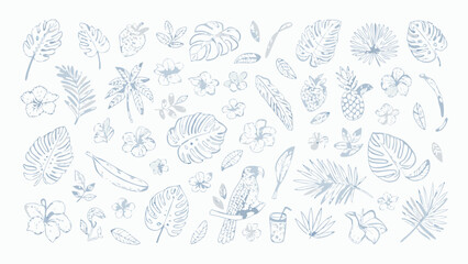 Tropical hand drawn elements collection with leaves flowers fruits and parrot