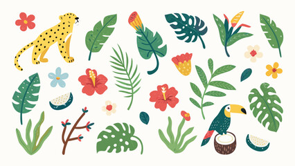 Tropical jungle elements with leopard and toucan illustration