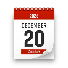 Date 20 December 2026 year realistic calendar day page design. December 20 transparent png