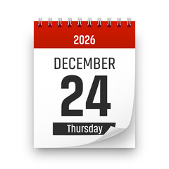 Date 24 December 2026 year realistic calendar day page design. December 24 transparent png
