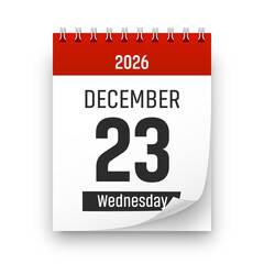 Date 23 December 2026 year realistic calendar day page design. December 23 transparent png