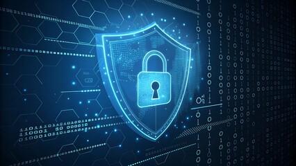 Digital shield with padlock symbol representing cybersecurity and data protection
