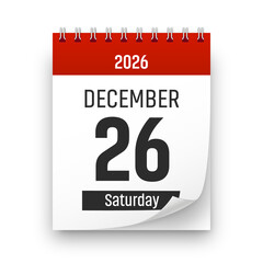 Date 26 December 2026 year realistic calendar day page design. December 26 transparent png