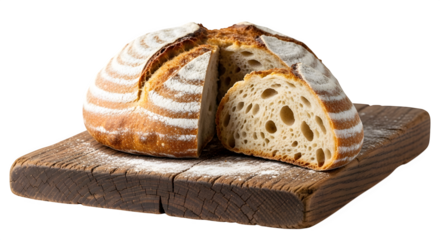 A loaf of freshly baked sourdough bread with a slice cut out, sitting on a rustic wooden board isolated on transparent background