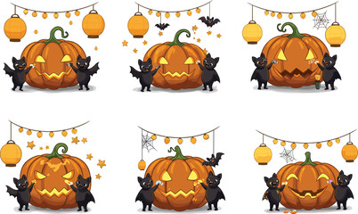 Halloween pumpkins with bats, spooky jack o lantern decorations, cute cartoon illustration, autumn holiday design, vector art for celebration, festive