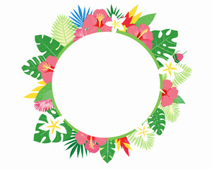 Tropical flower and leaf circle frame with white copy space