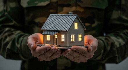 Person in military camouflage uniform holds small glowing house model in cupped hands, protection, security, returning home, veteran home loans, mortgage concept. Veterans Day, Armed Forces Day