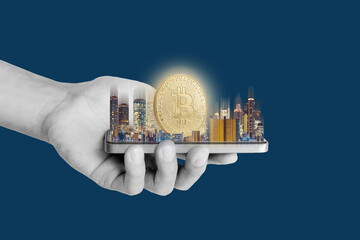 Digital crypto currency, Gold investments, exchange, on real estate, and technology, on white background