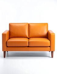 A modern, two-seater sofa with a warm, caramel-colored leather finish against a bright white background.