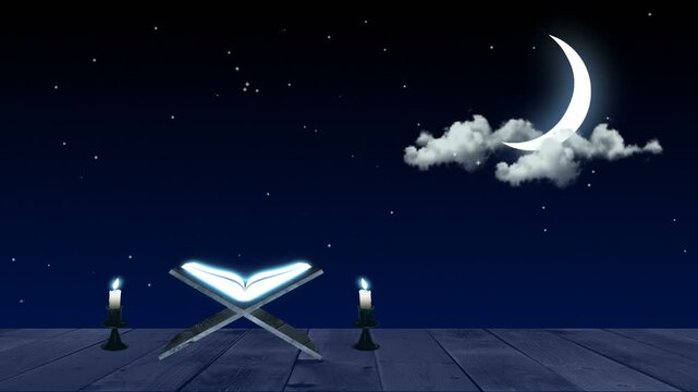 Open Quran on Rehal with Crescent Moon and Candle Light &ndash; Islamic Night Background Animation