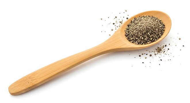 Wooden spoon with ground black pepper spice.
