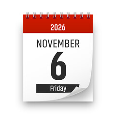 Date 6 November 2026 year realistic calendar day page design. November 6 transparent png