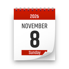Date 8 November 2026 year realistic calendar day page design. November 8 transparent png