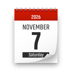 Date 7 November 2026 year realistic calendar day page design. November 7 transparent png