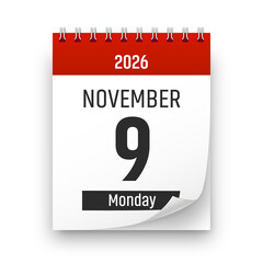Date 9 November 2026 year realistic calendar day page design. November 9 transparent png