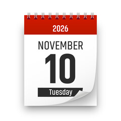Date 10 November 2026 year realistic calendar day page design. November 10 transparent png