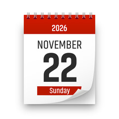 Date 22 November 2026 year realistic calendar day page design. November 22 transparent png