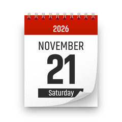 Date 21 November 2026 year realistic calendar day page design. November 21 transparent png