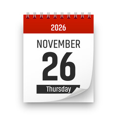 Date 26 November 2026 year realistic calendar day page design. November 26 transparent png