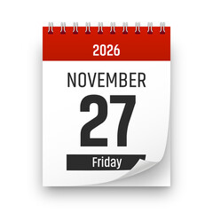 Date 27 November 2026 year realistic calendar day page design. November 27 transparent png