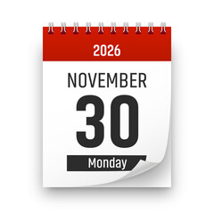 Date 30 November 2026 year realistic calendar day page design. November 30 transparent png