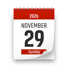 Date 29 November 2026 year realistic calendar day page design. November 29 transparent png