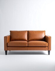 Fototapeta premium A modern, tan leather sofa, with simple, clean lines, sits against a plain white background.