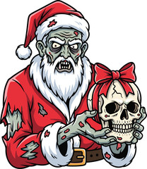 Scary zombie Santa Claus holding human skull with red bow, undead Christmas character in tattered suit illustration