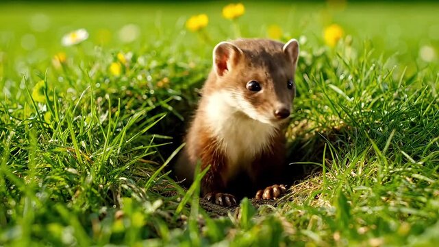 Curious young weasel peeks out from its burrow in a sunny meadow.