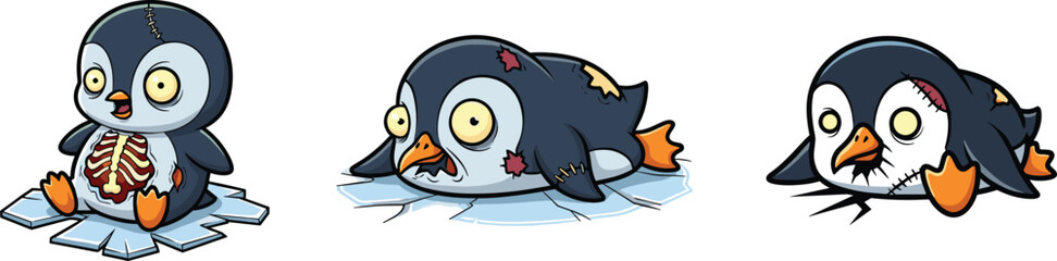 Zombie penguin cartoon, scary undead penguin, creepy ice animal, horror halloween penguin, spooky monster bird, undead creature design, cute scary character, frozen