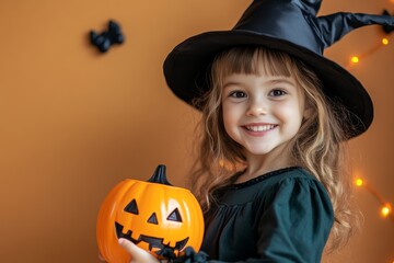 A young girl, dressed in a Halloween witch costume, holds a decorative pumpkin.