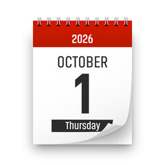 Date 1 October 2026 year realistic calendar day page design. October 1 transparent png