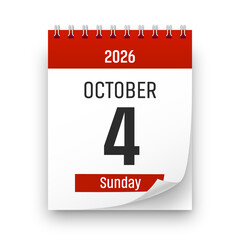 Date 4 October 2026 year realistic calendar day page design. October 4 transparent png