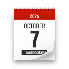 Date 7 October 2026 year realistic calendar day page design. October 7 transparent png