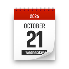 Date 21 October 2026 year realistic calendar day page design. October 21 transparent png
