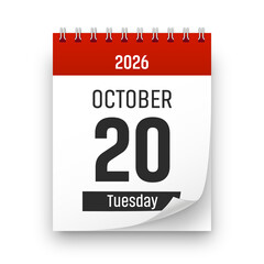 Date 20 October 2026 year realistic calendar day page design. October 20 transparent png