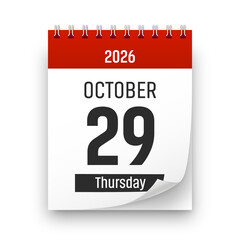 Date 29 October 2026 year realistic calendar day page design. October 29 transparent png
