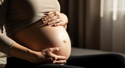 Pregnant woman cradling her baby bump with love and anticipation.