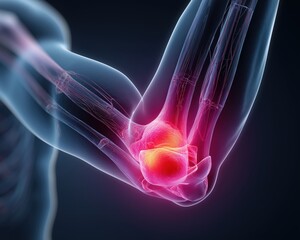 A close-up view of a human elbow joint, highlighting inflammation, showcasing anatomy and health issues related to joint pain.