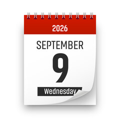 Date 9 September 2026 year realistic calendar day page design. September 9 transparent png