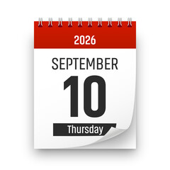 Date 10 September 2026 year realistic calendar day page design. September 10 transparent png