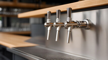 Modern stainless steel beverage taps on wooden bar counter  