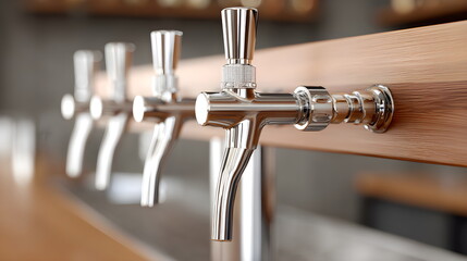 Modern beer taps with stainless steel design on wooden bar counter  