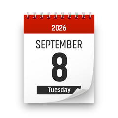 Date 8 September 2026 year realistic calendar day page design. September 8 transparent png